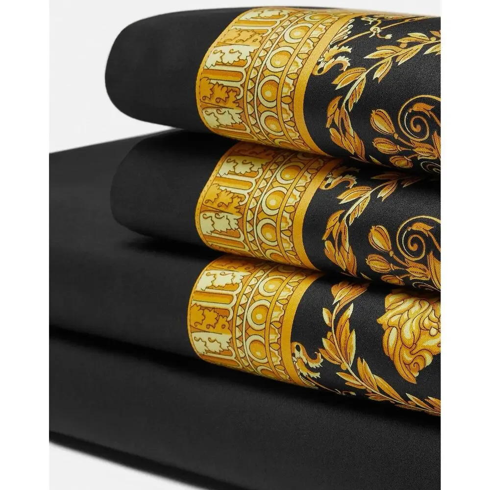 NIB Versace Home Bed Sheet Set 4 Pieces Black Gold Barocco Print Size King